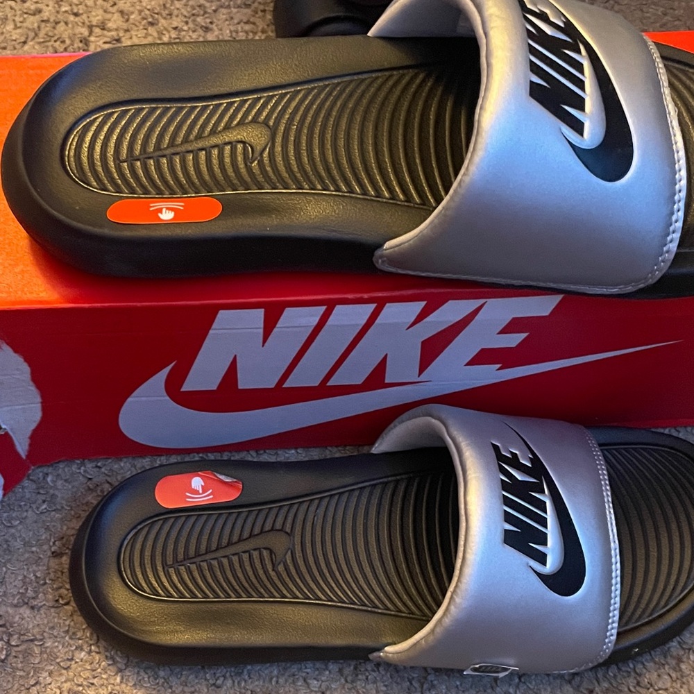 Nike Silver and Black Slides